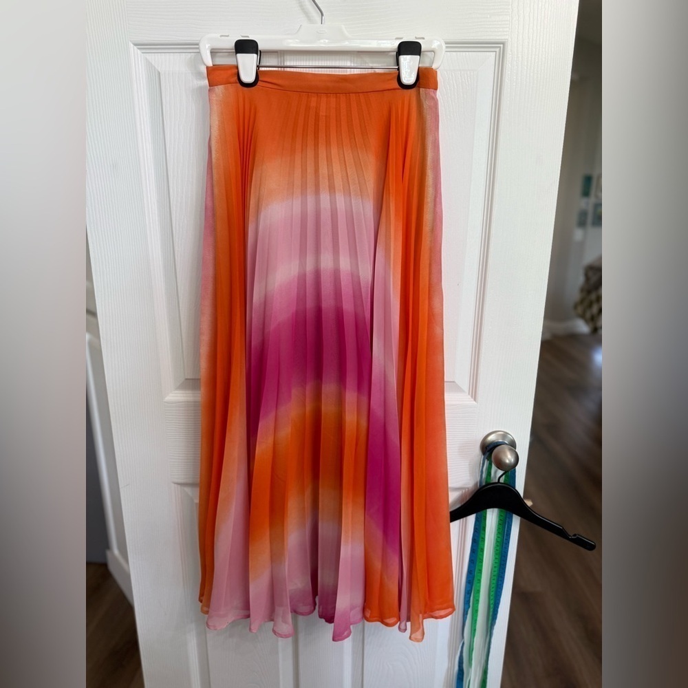 Boston Proper Maxi Ombré  Chiffon Boho Skirt Size XS Watercolor Pleat Pink Lined